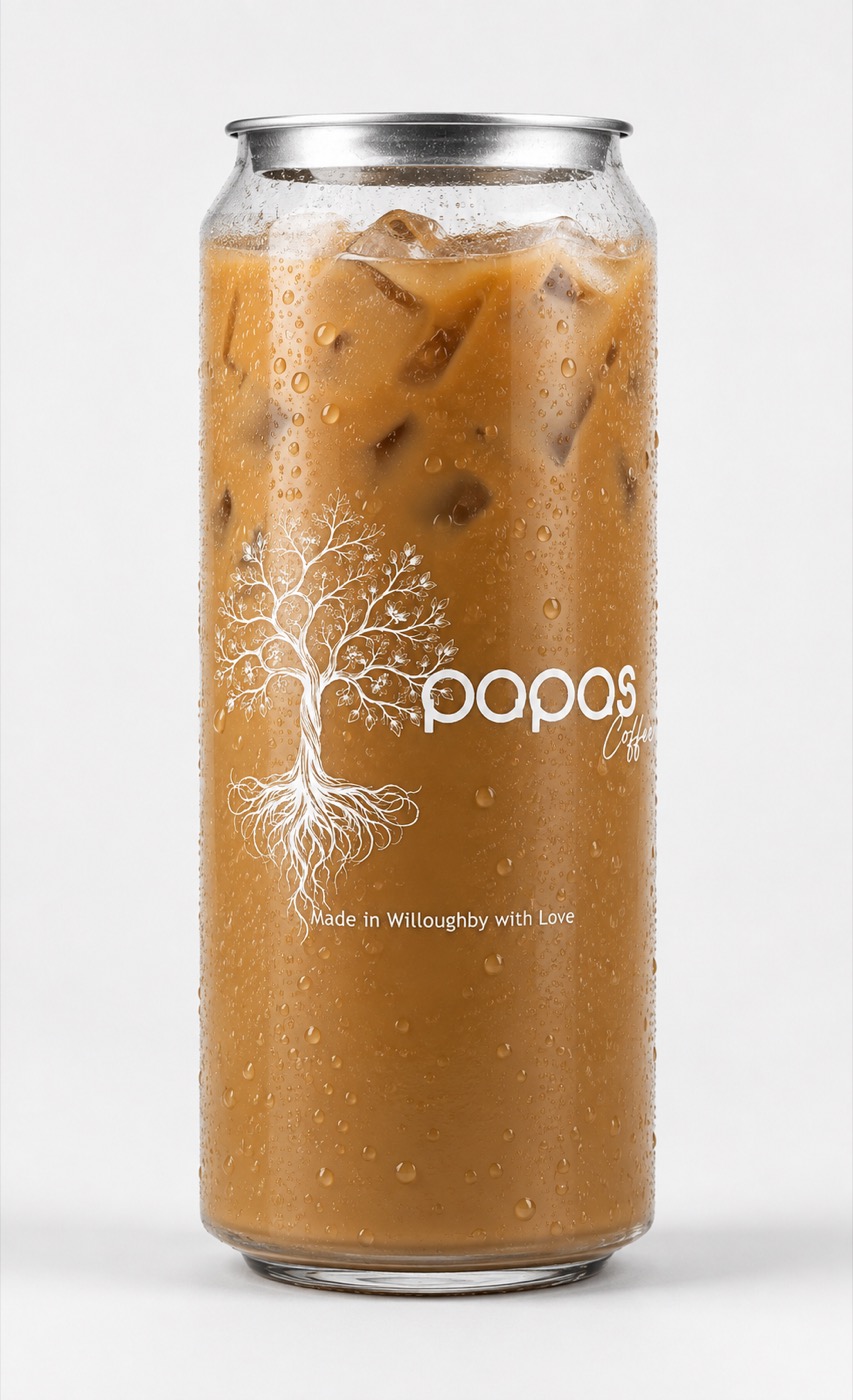 A can of Papas Coffee iced latte, showing the tree-and-roots mark